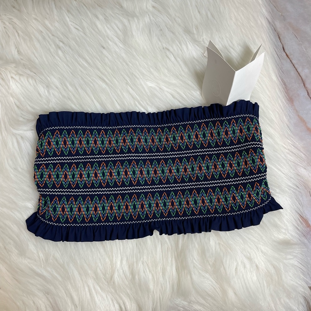 Tory Burch Italian Fabric Costa Bandeau Swim Top Sz Large NAVY smocked